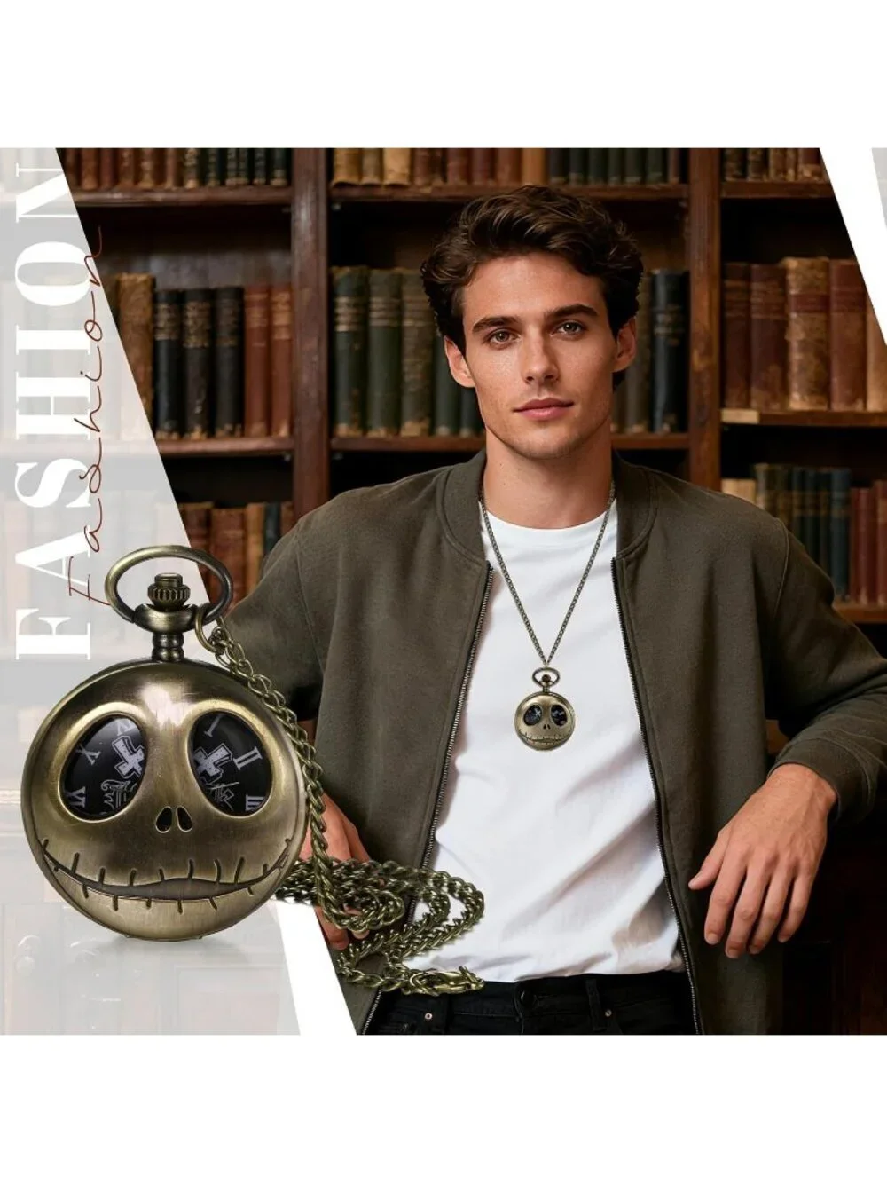 Men's Black Quartz Vintage Novelty Skull Skeleton Face Christmas Pocket Watch